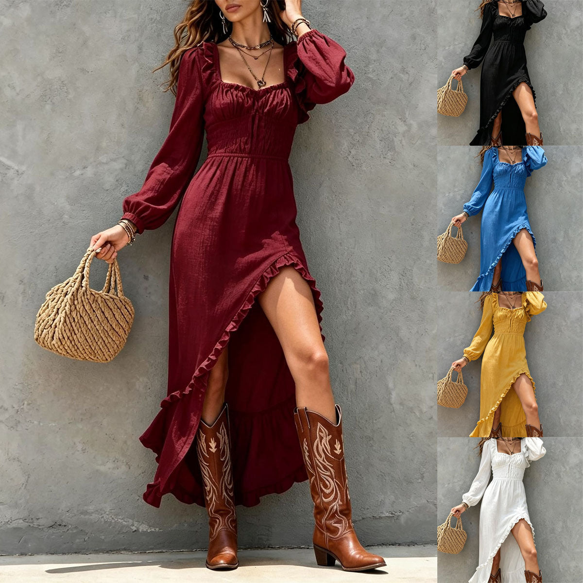 Square‑Neck Smocked Ruffle High‑Slit Maxi Dress