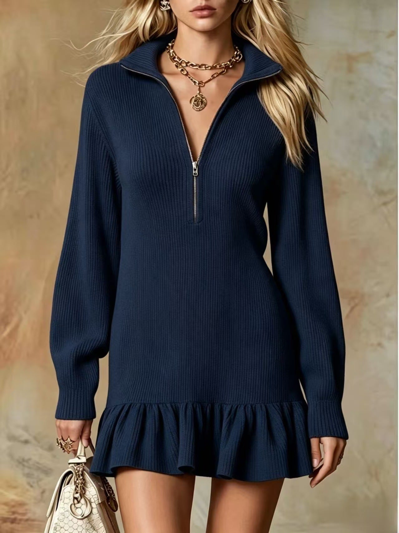 Half‑Zip Collared Ribbed Knit Ruffle Hem Sweater Dress