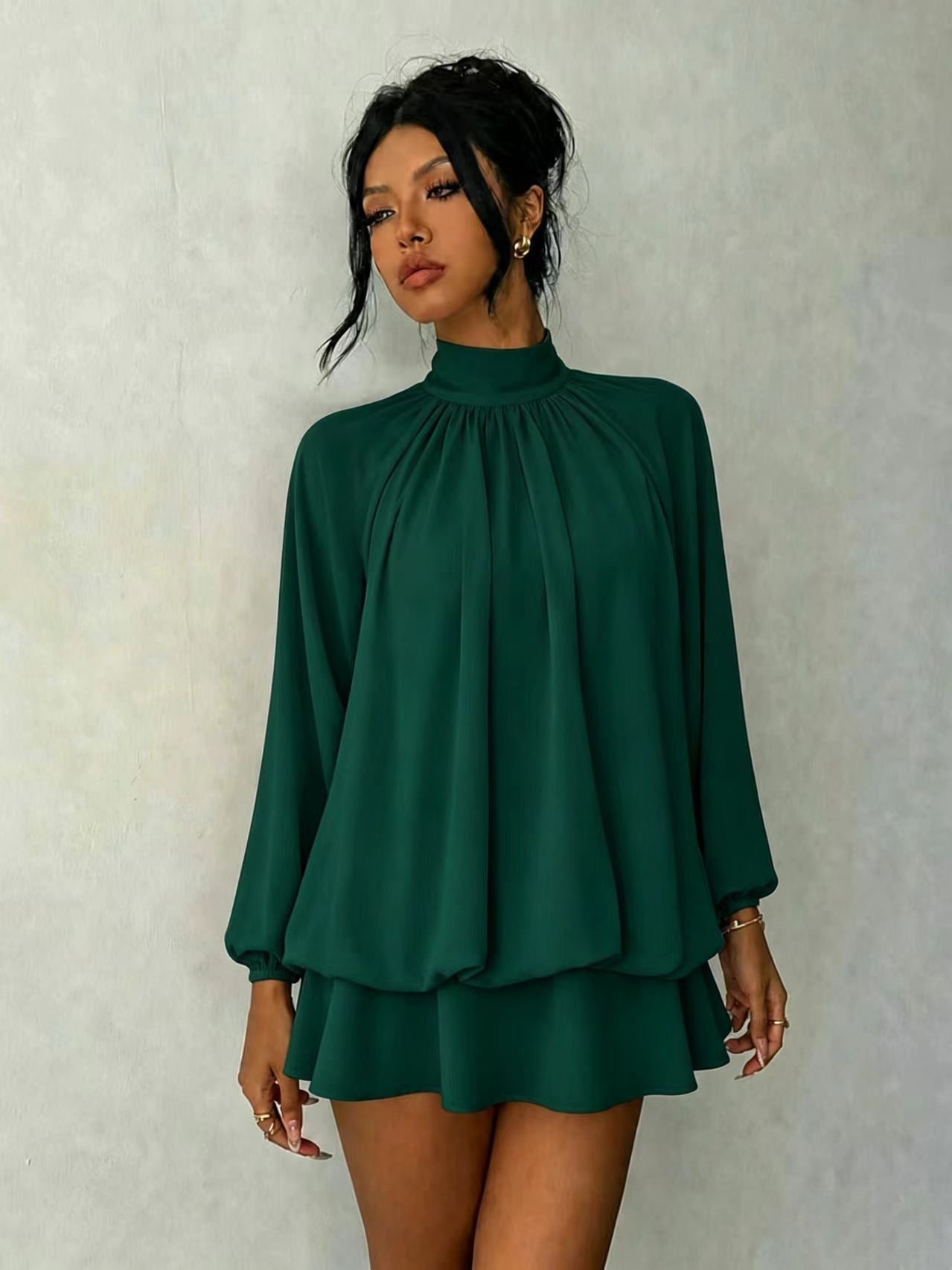 Mock Neck Long Sleeve Skort Dress Women Solid Ruffle Layer Hem Loose Casual Mini Dress