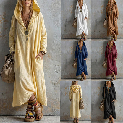 Soft Linen Hooded Maxi Kaftan Dress | Loose Boho Long Sleeve Cover Up