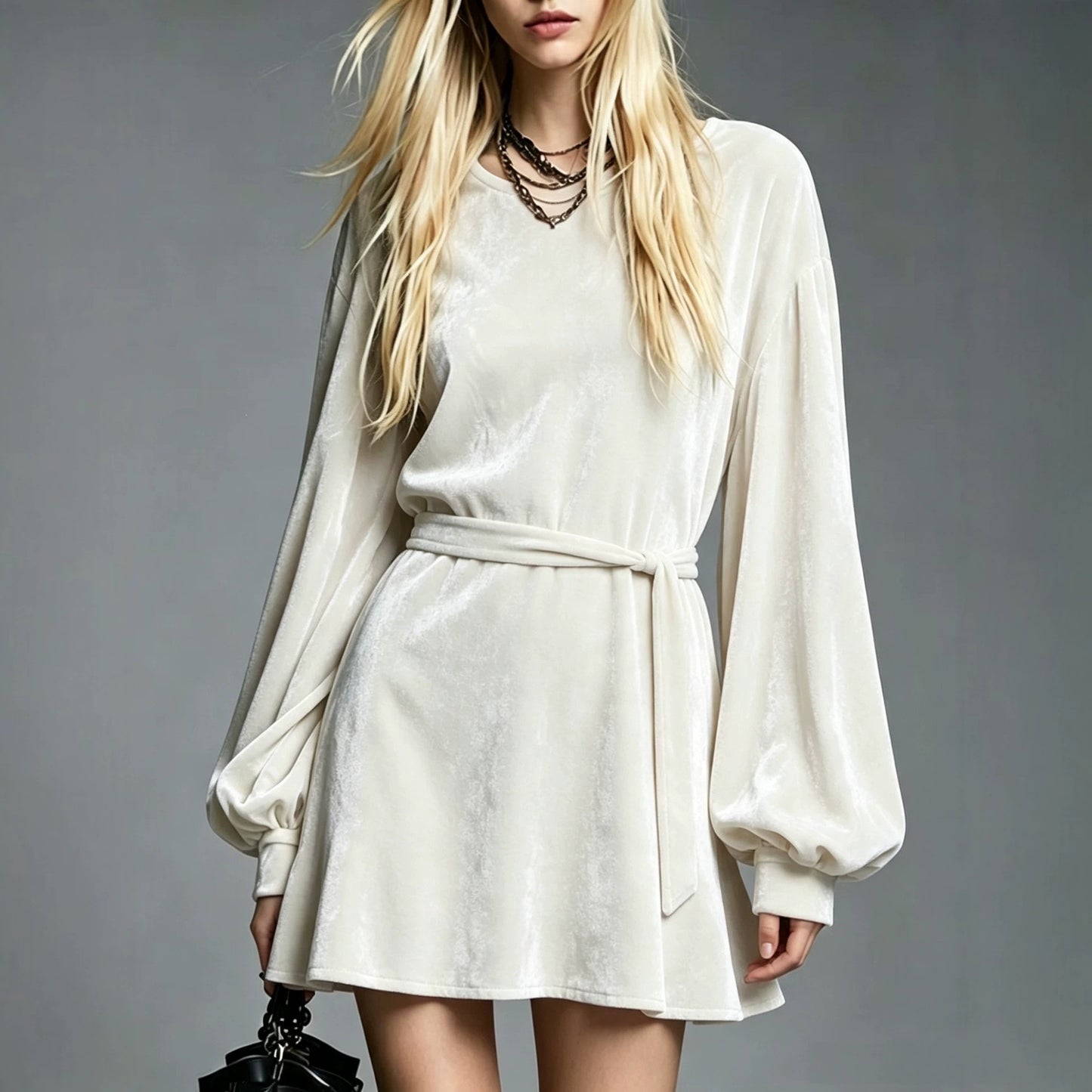 Velvet Tie‑Waist Balloon Long Sleeve Mini Dress