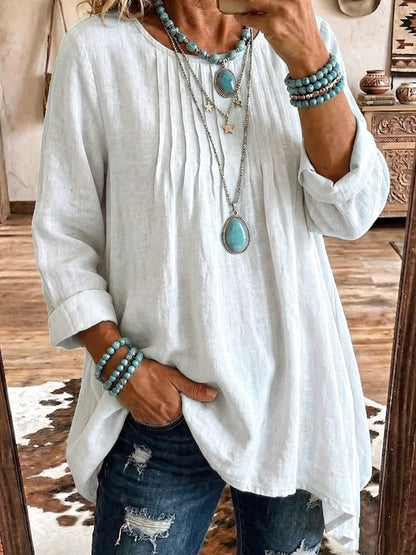 Women's Solid Linen Round Neck Pleated 3/4 Sleeve Loose Tunic Blouse