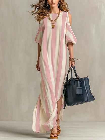 Vertical Stripe Cold Shoulder Split Maxi Shift Dress
