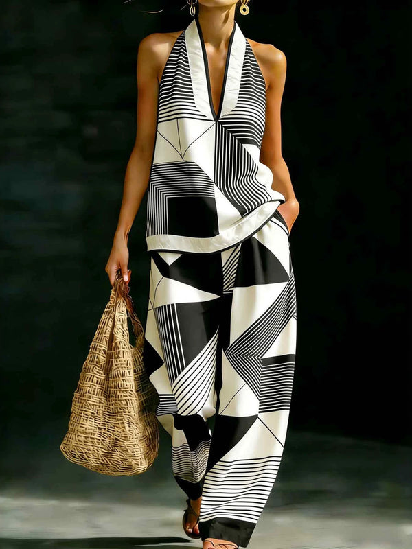 Geometric Print Halter V-Neck Sleeveless Top & Wide Leg Pants Two Piece Set