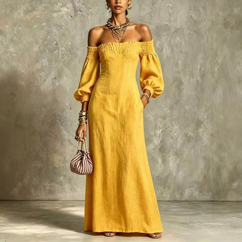 Off‑The‑Shoulder Puff‑Sleeve Linen‑Blend Maxi Dress