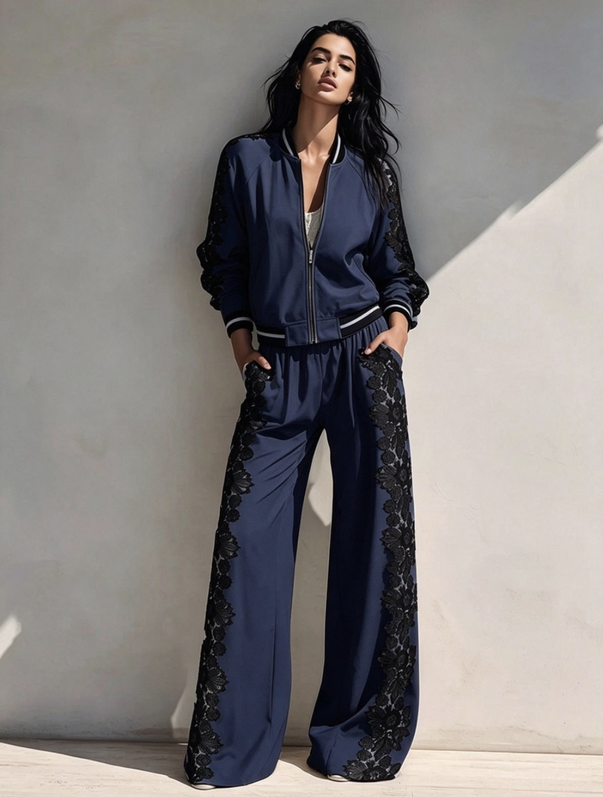 Bomber Jacket & Wide‑Leg Pants Two‑Piece Set with Black Lace Trim