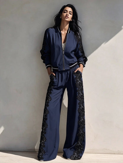 Bomber Jacket & Wide‑Leg Pants Two‑Piece Set with Black Lace Trim