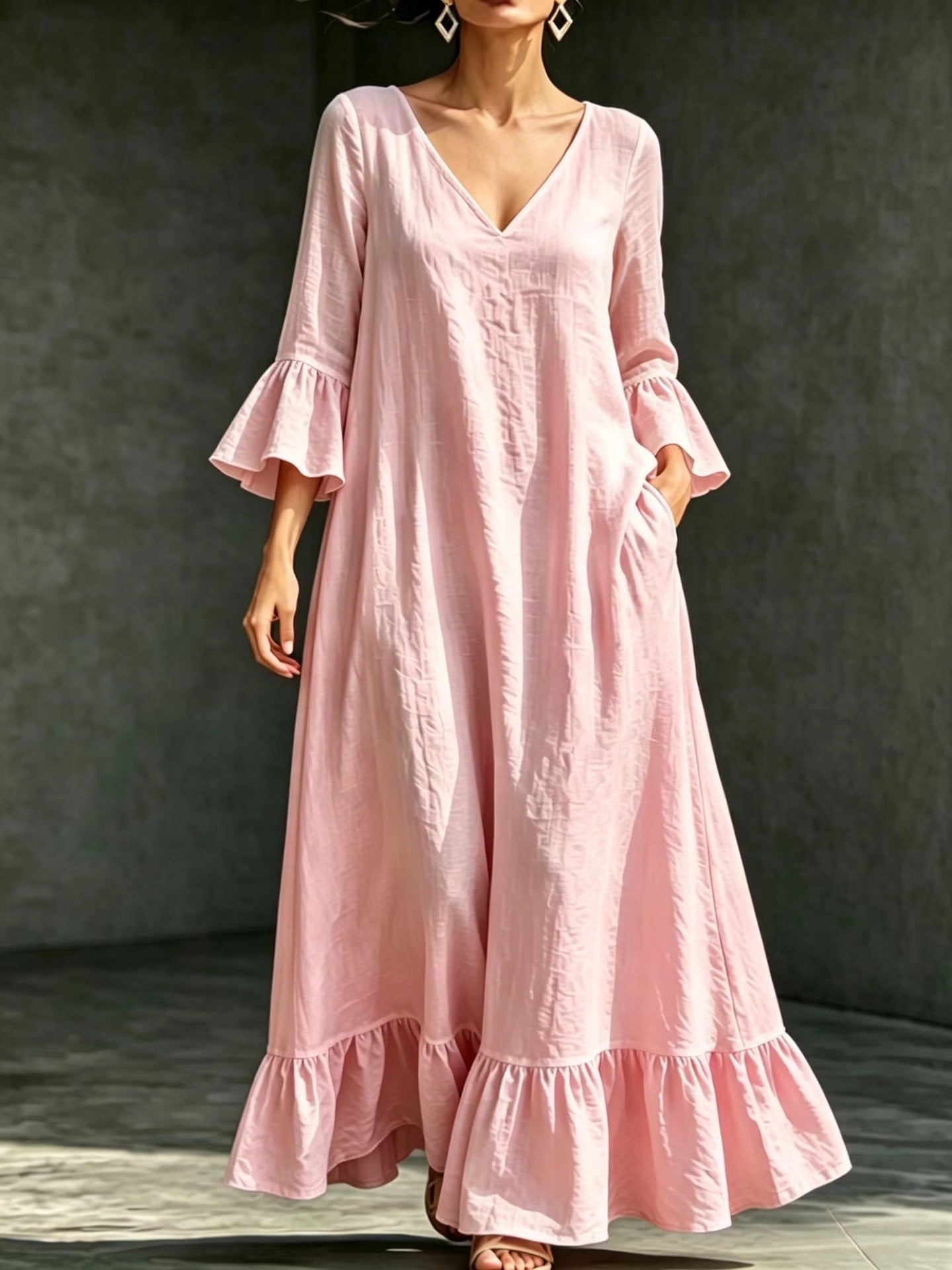 V‑Neck Ruffle Flare Sleeve Linen‑Blend Maxi Dress