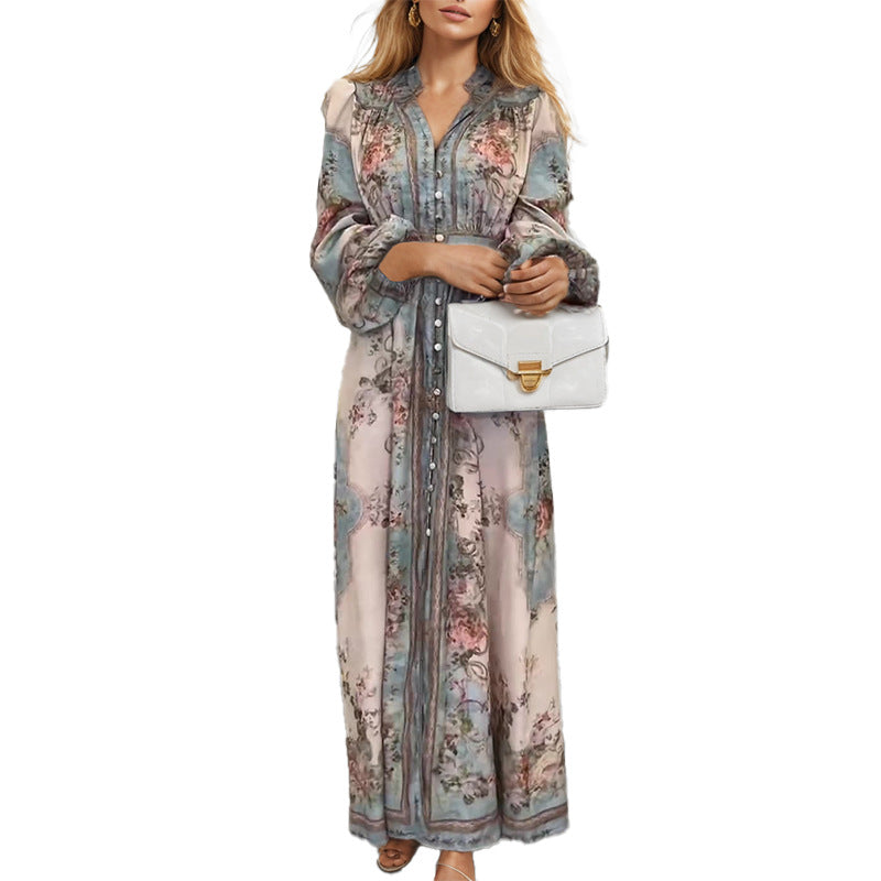 Vintage Floral Print Ruffled V‑Neck Button‑Front Maxi Dress