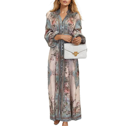 Vintage Floral Print Ruffled V‑Neck Button‑Front Maxi Dress
