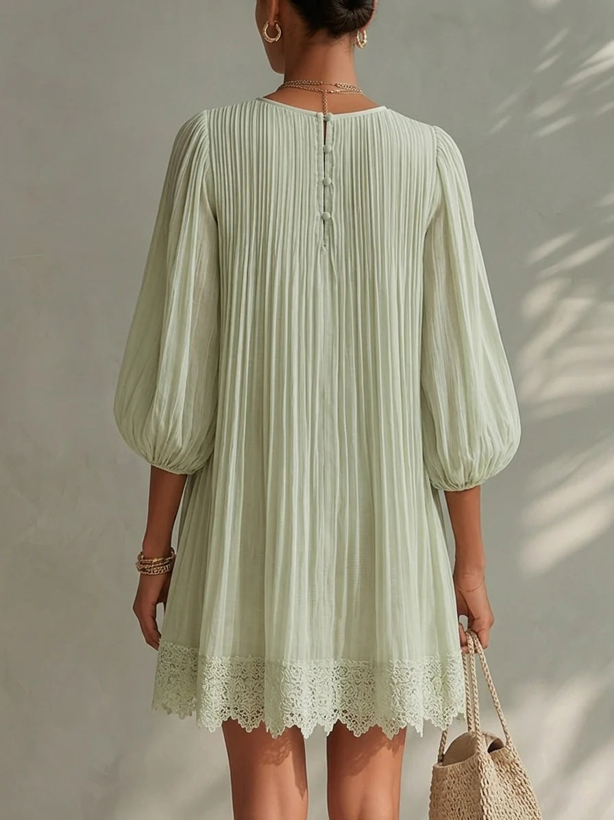 Boho Lace Trim Mini Dress Women V‑Neck Balloon Sleeve Loose Vacation Dress
