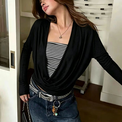 Draped Cowl Neck Knit Top with Striped Bandeau