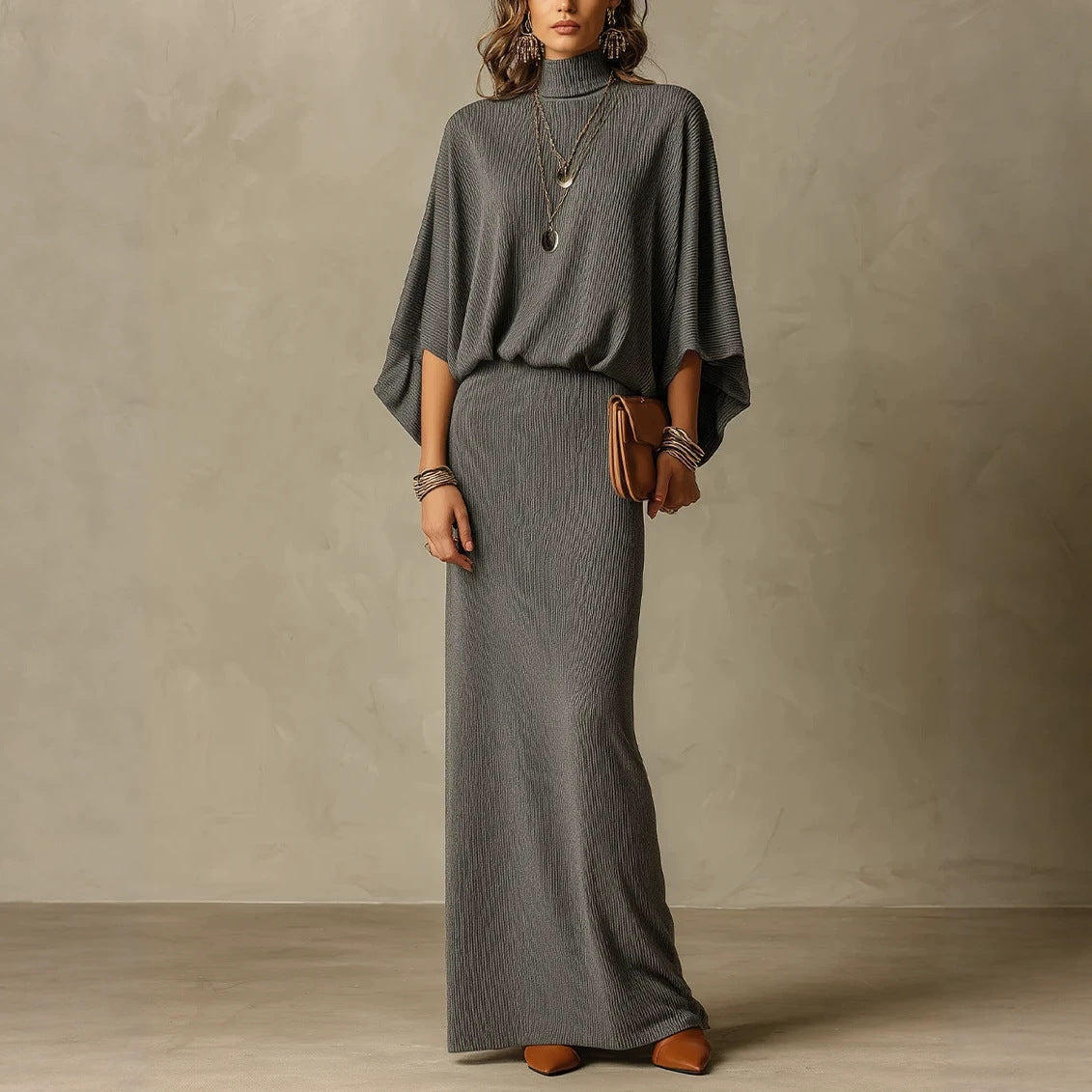 Women's Grey Ribbed Turtleneck Batwing Top & High Waist Maxi Skirt Two Piece Set
