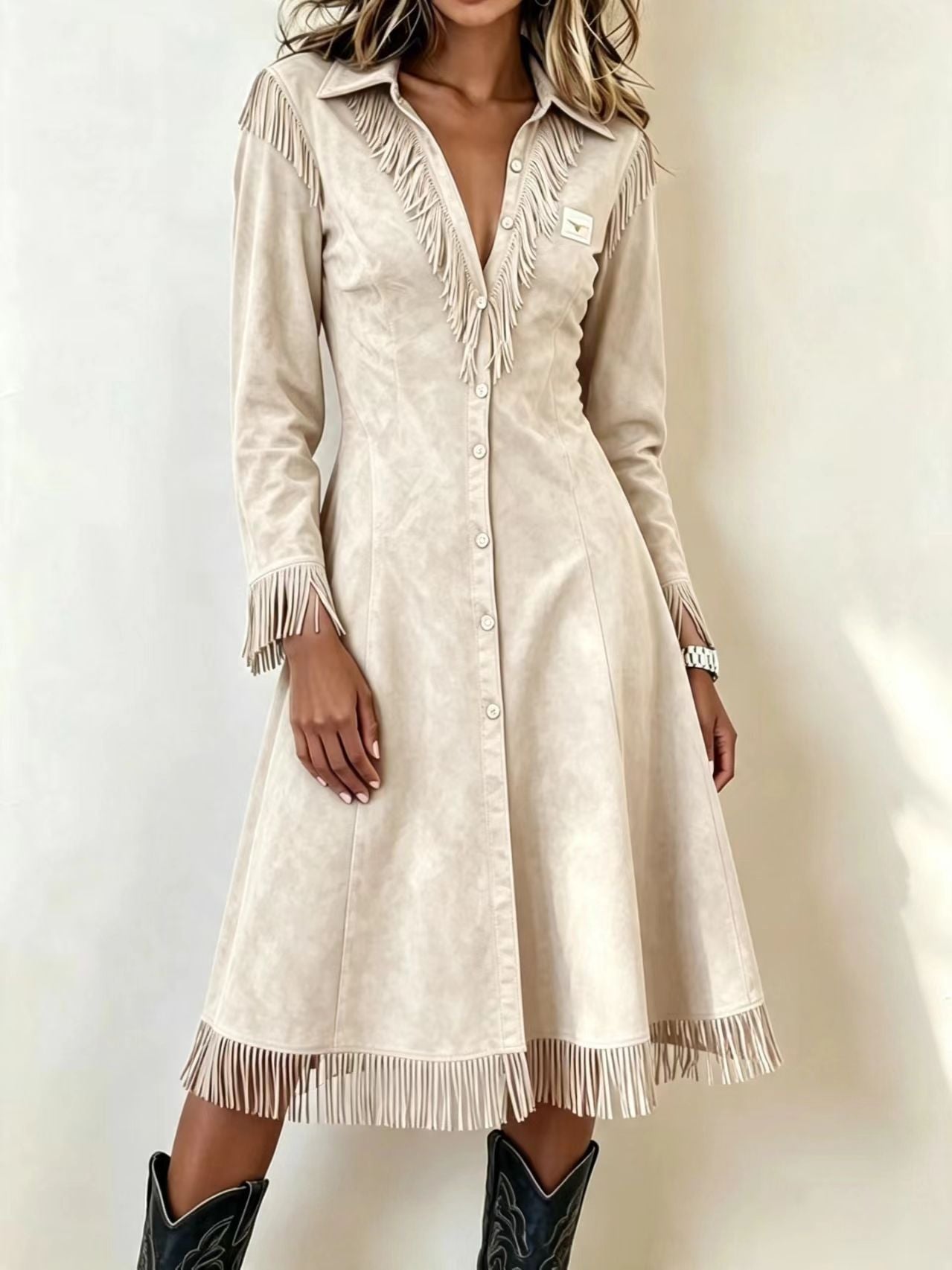 Western Suede‑Effect Fringe Button‑Front Midi Dress - apricot / S