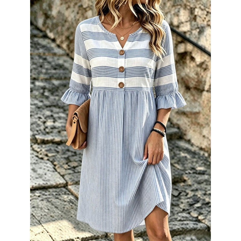Stripe Mixed Print Linen‑Blend Midi Dress