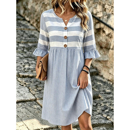 Stripe Mixed Print Linen‑Blend Midi Dress