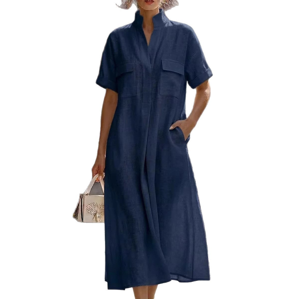 Linen Stand Collar Midi Shirt Dress
