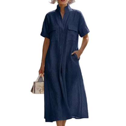 Linen Stand Collar Midi Shirt Dress