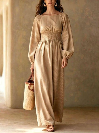 Pinstripe Smocked‑Waist Balloon Sleeve Maxi Dress