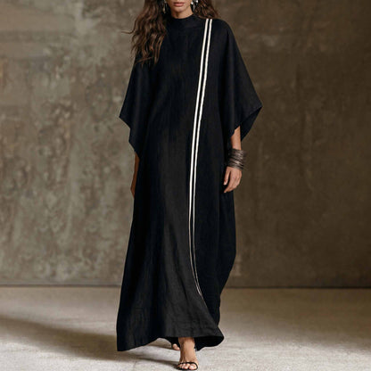 Striped Detail Stand Collar Linen Blend Kaftan Maxi Dress