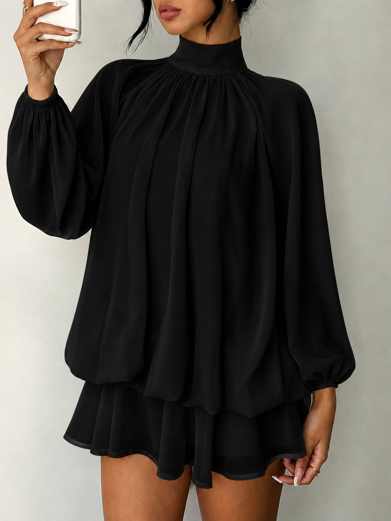 Mock Neck Long Sleeve Skort Dress Women Solid Ruffle Layer Hem Loose Casual Mini Dress