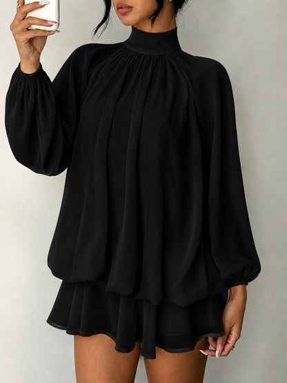 Mock Neck Long Sleeve Skort Dress Women Solid Ruffle Layer Hem Loose Casual Mini Dress