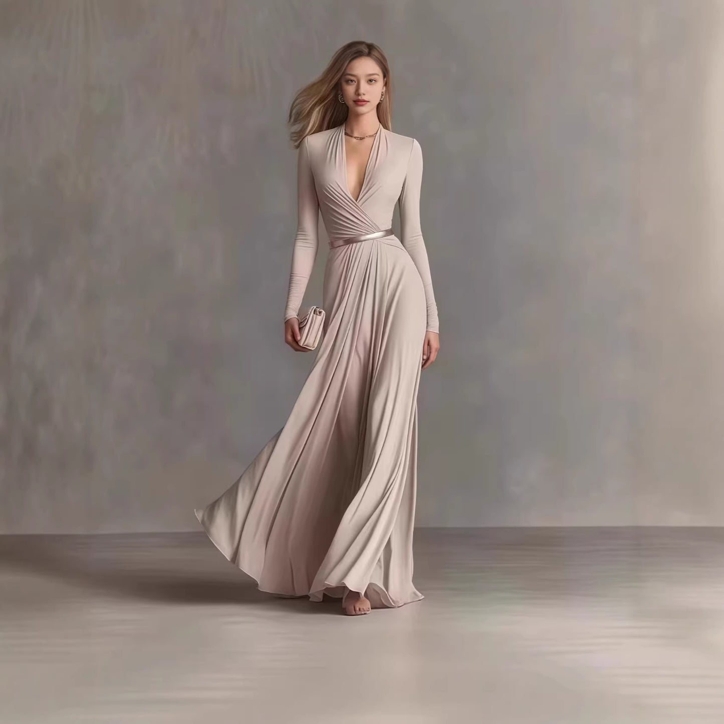 Solid Color Textured Long-Sleeved Elegant Dress For Women With Small Fragrant Waist
