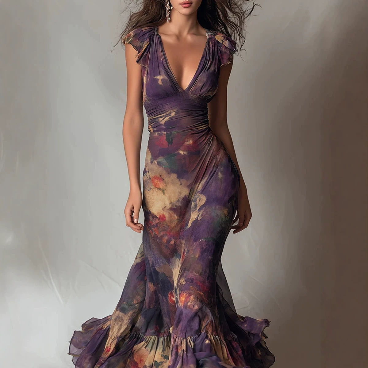 Deep V‑Neck Ruffle Cap Sleeve Watercolor Floral Maxi Dress