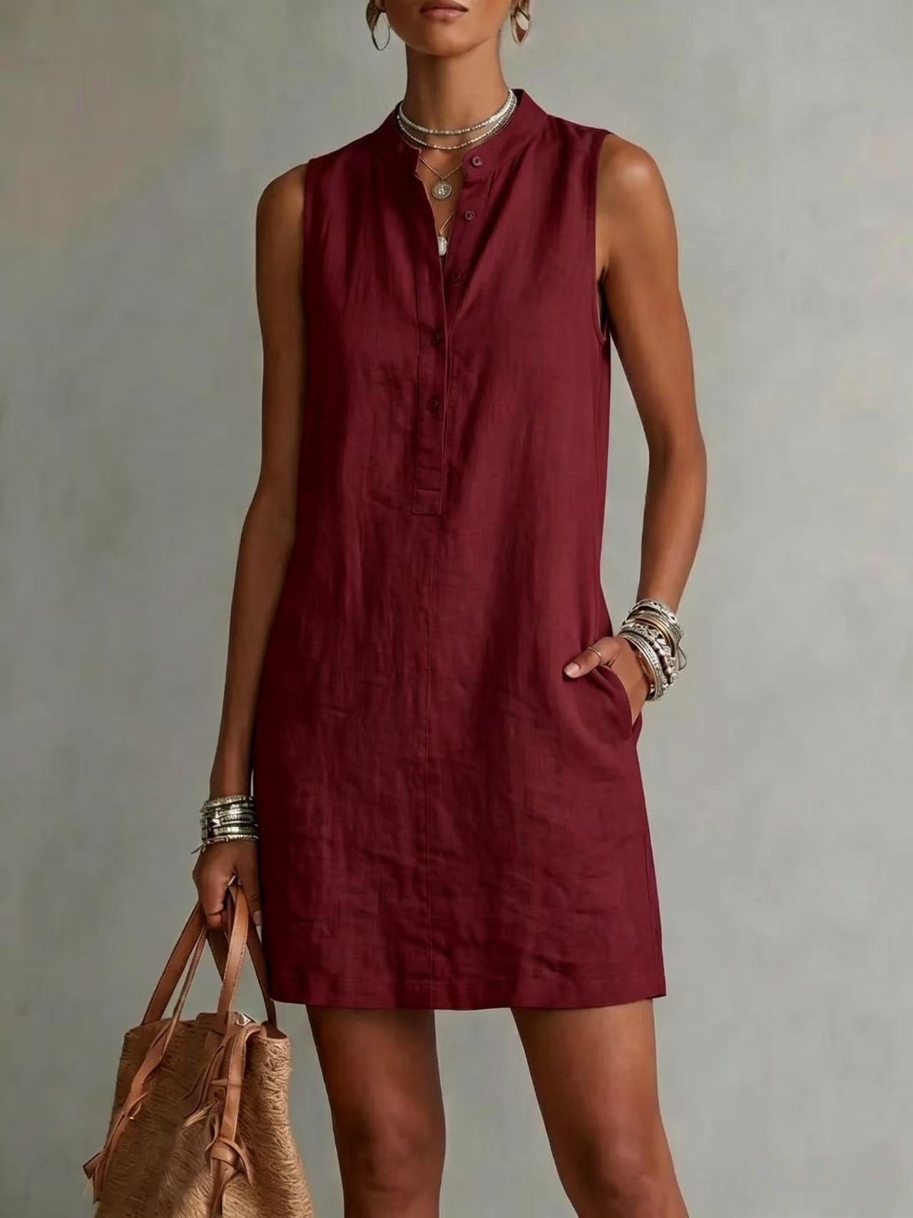 Sleeveless Linen Button-Front Mini Dress