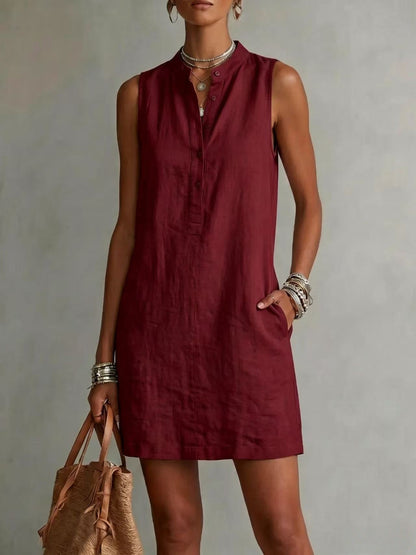Sleeveless Linen Button-Front Mini Dress