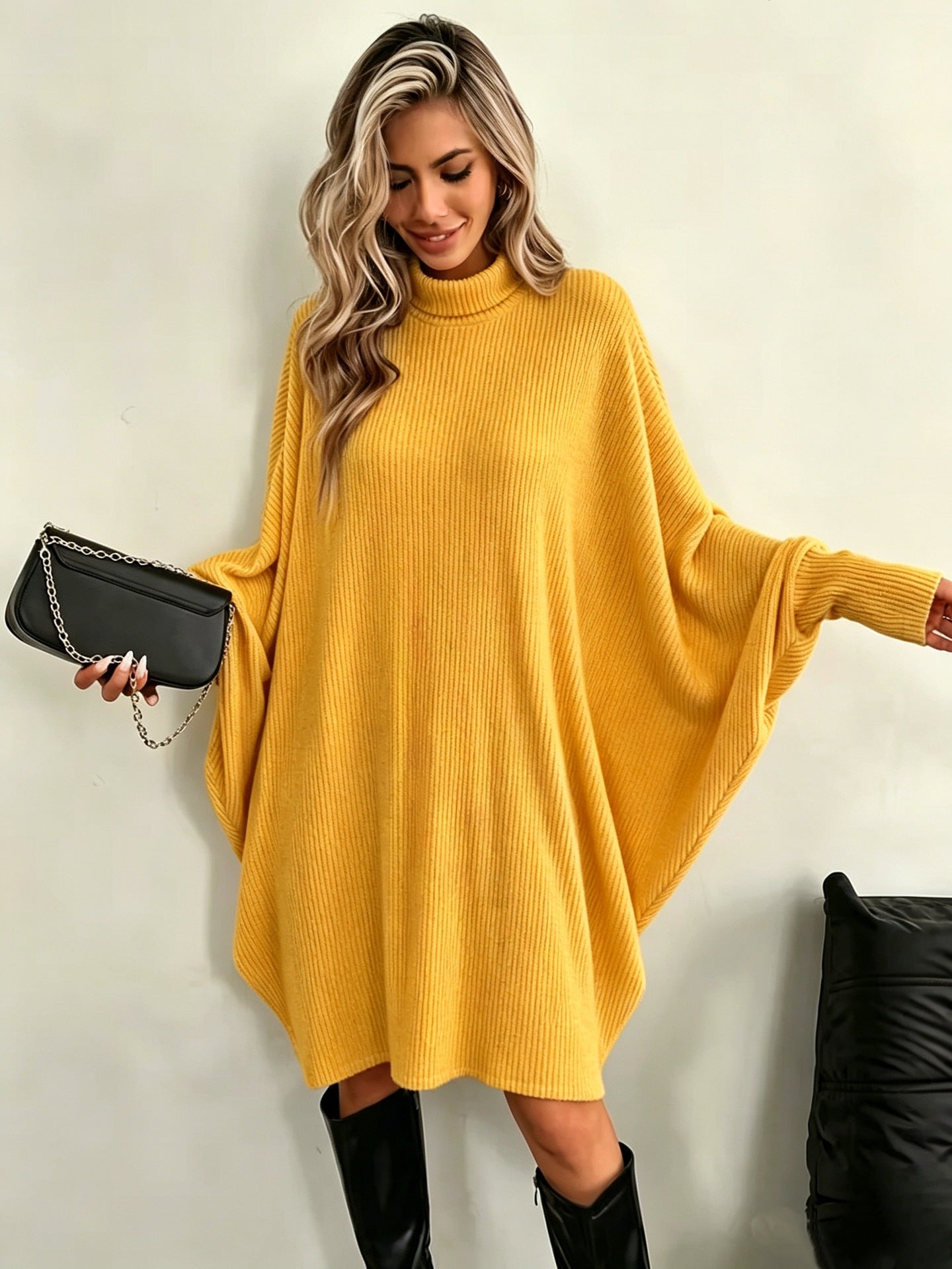 Mock Neck Batwing Ribbed Knit Tunic Dress