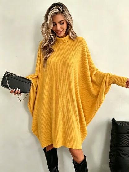 Mock Neck Batwing Ribbed Knit Tunic Dress