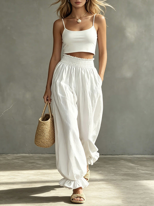 Casual Light Blue Ruffled Lantern Pants Elastic Waist Pants