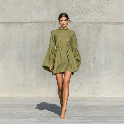 Ruffled High‑Neck Bell‑Sleeve Elastic Waist Mini Dress