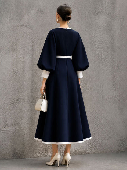 Women’s Solid Navy Contrast‑Trim Balloon‑Sleeve Belted Maxi Dress