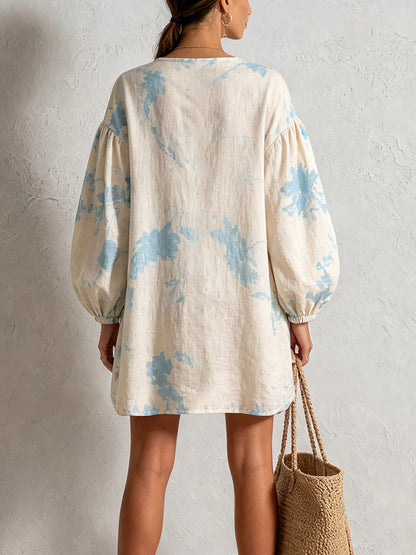 Floral Print Linen‑Blend Button‑Front Mini Shirt Dress