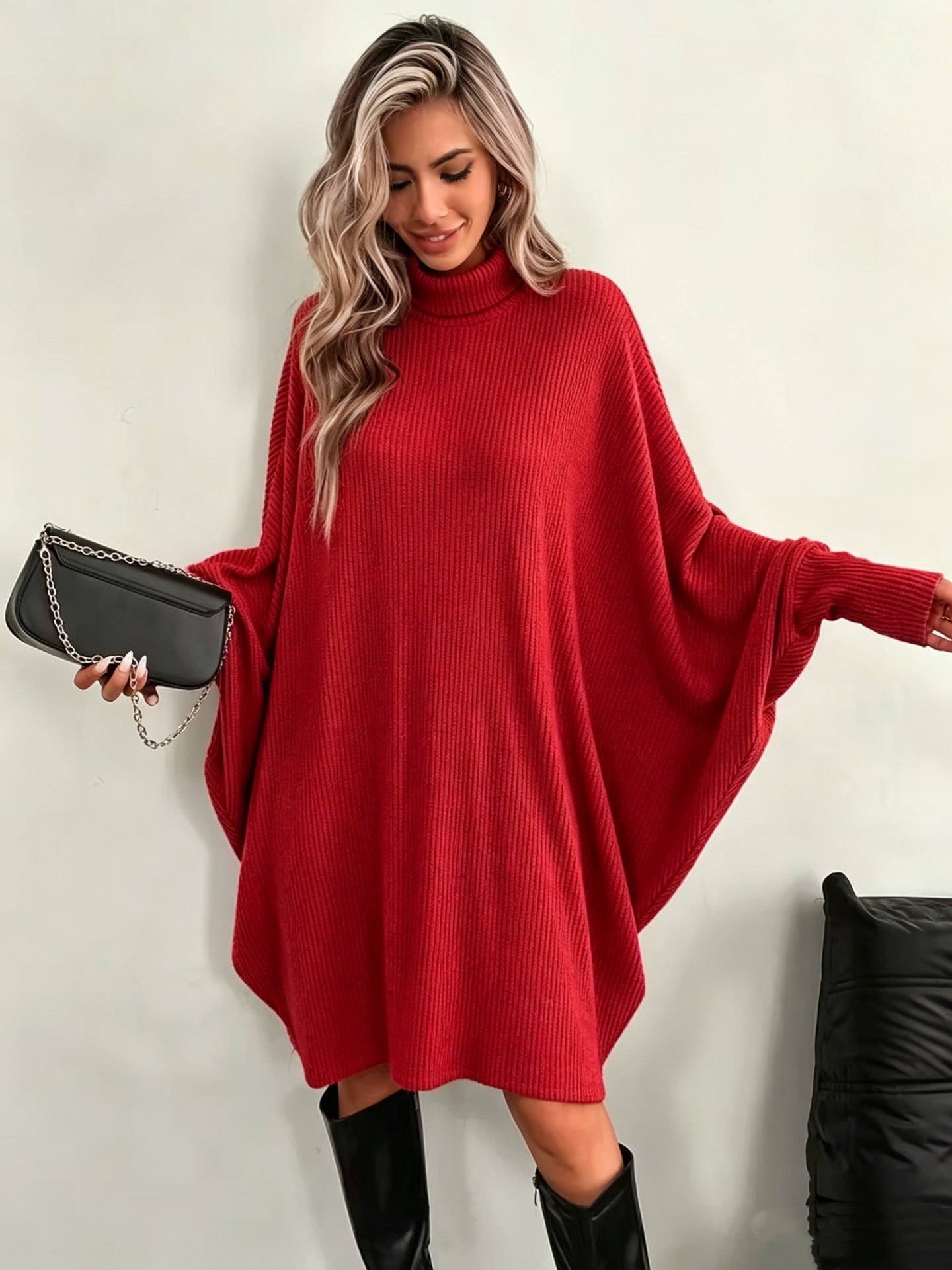 Mock Neck Batwing Ribbed Knit Tunic Dress