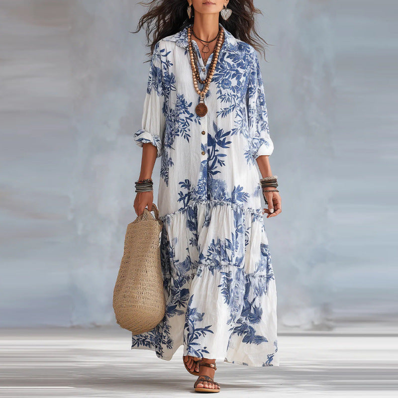 Botanical Floral Print Linen Tiered Shirt Maxi Dress