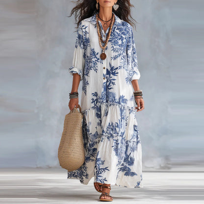 Botanical Floral Print Linen Tiered Shirt Maxi Dress
