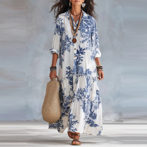 Botanical Floral Print Linen Tiered Shirt Maxi Dress