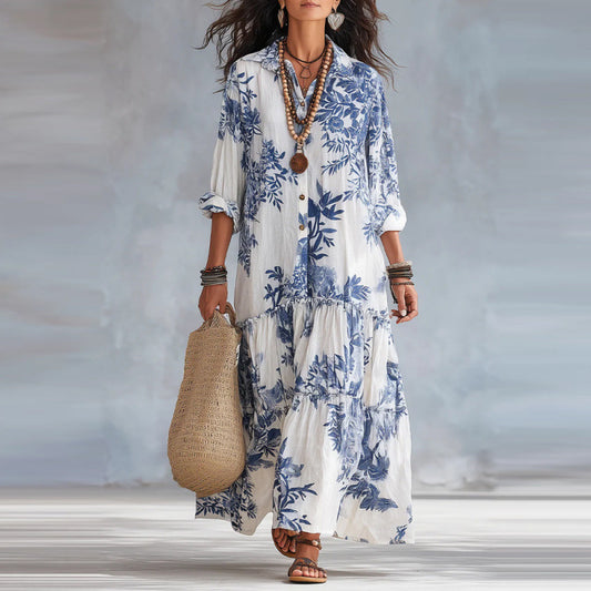 Botanical Floral Print Linen Tiered Shirt Maxi Dress