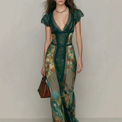Deep V‑Neck Lace Cap Sleeve Vintage Print Maxi Dress