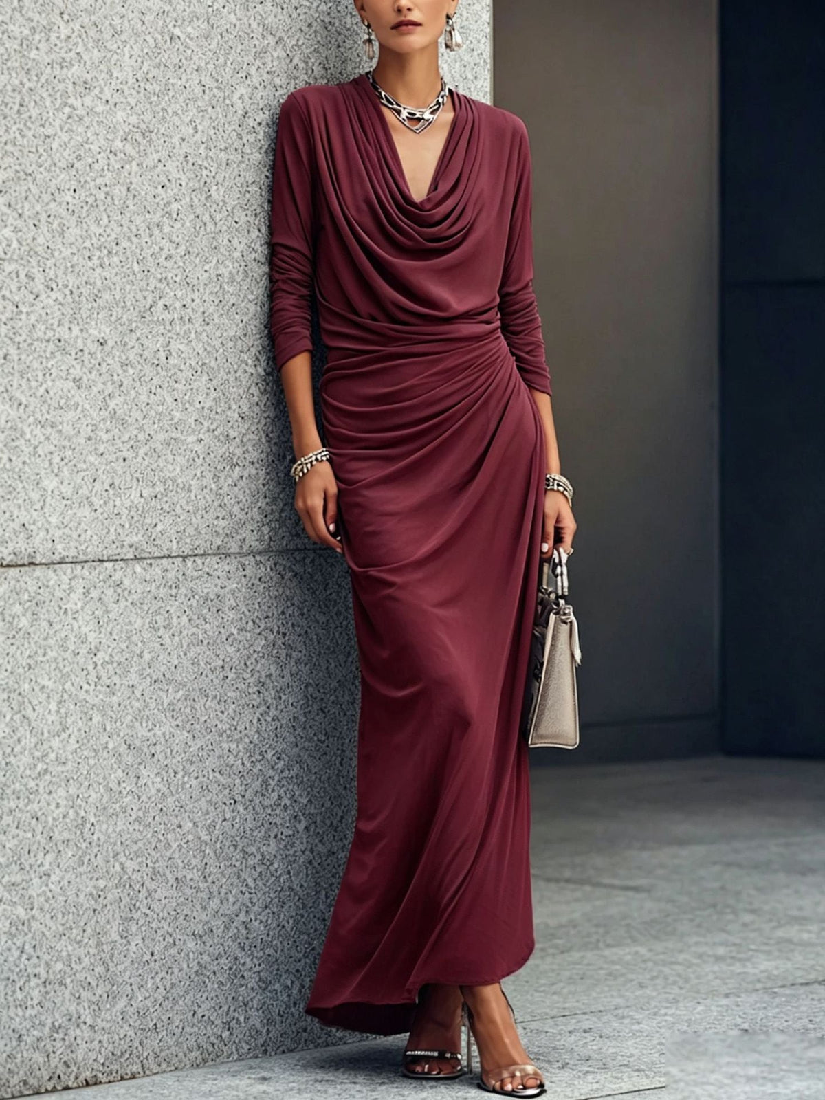 Cowl Neck Ruched Long Sleeve Maxi Dress