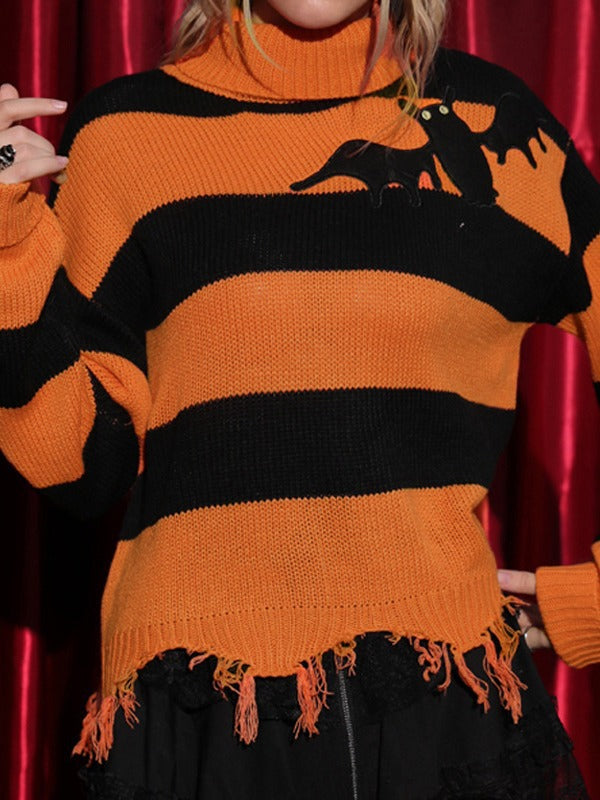Women’s Black Orange Stripe Turtleneck Bat Applique Fringed Hem Halloween Sweater