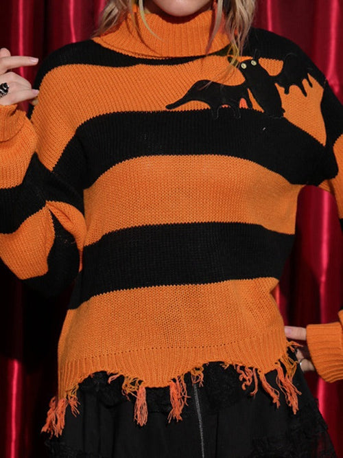 Women’s Black Orange Stripe Turtleneck Bat Applique Fringed Hem Halloween Sweater