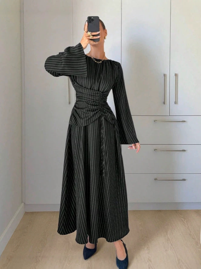 Pinstripe Ruched Waist Bell Sleeve Midi Dress