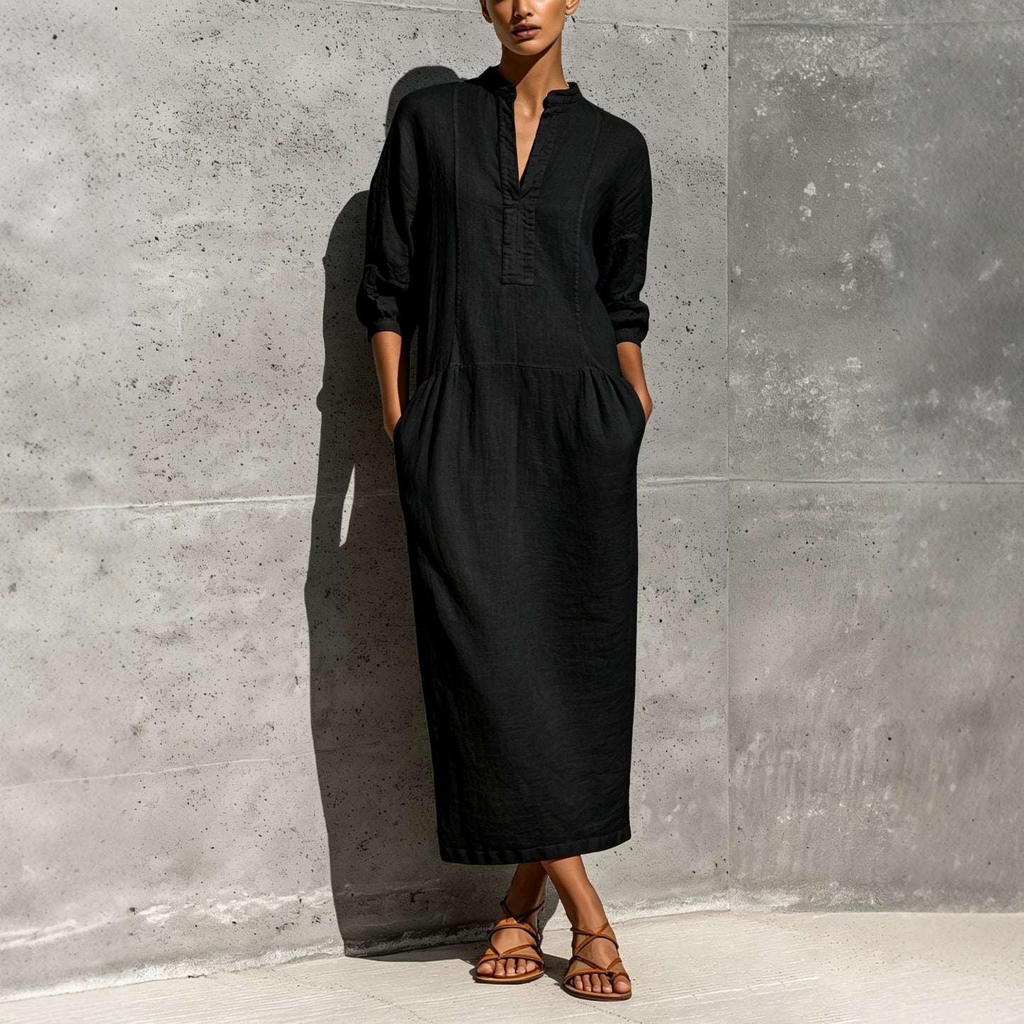 Linen Stand Collar Split V 3/4 Sleeve Drop Pocket Midi Dress