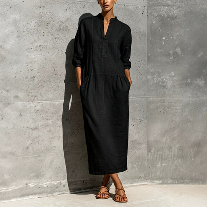 Linen Stand Collar Split V 3/4 Sleeve Drop Pocket Midi Dress