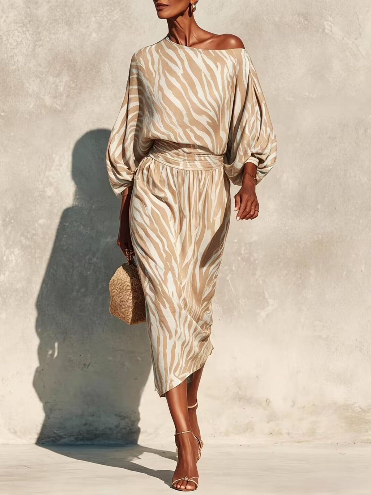 One Shoulder Balloon Sleeve Abstract Print Wrap Midi Dress