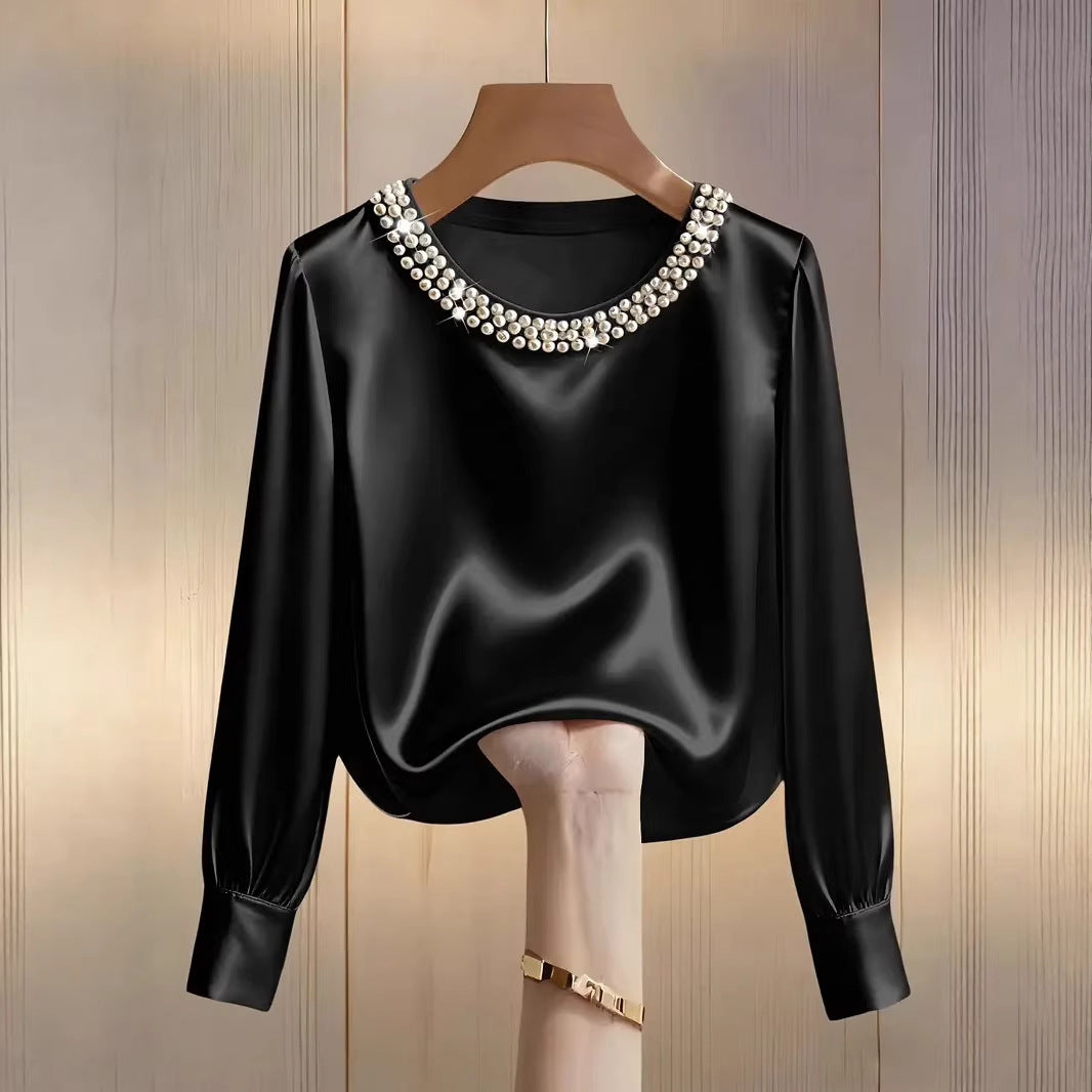 womens luxe satin pearl collar blouse fitting long